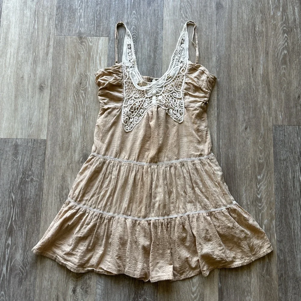 Passport Y2K Beige Tiered Butterfly Crochet Fairy Festival Babydoll Dress Size S - Picture 4 of 10